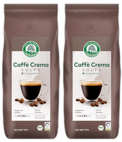 LEBENSBAUM 2 x Bio Kaffee Café Crema Solea ganze Bohne, Bio Kaffee aus Arabica-Bohnen ganz, Intensität 4/5, kräftiges Aroma, gerösteter Espresso feinwürzig aromatisch, 2 x 1 kg