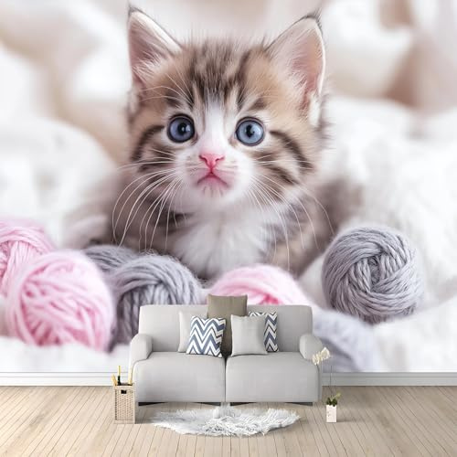 Fototapete Wollknäuel Süße Katze 350x256 cm 3D Vliestapete Wandbild, Mustertapete Moderne Wandtapete, Wohnzimmer Schlafzimmer Kinderzimmer Büro Flur Wanddeko