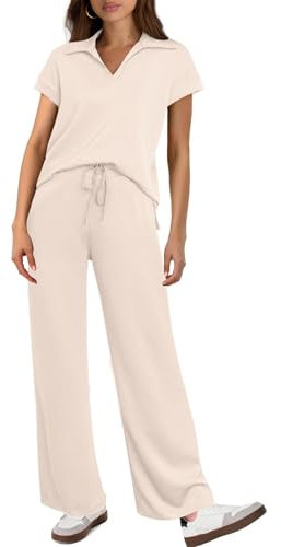 RKK 2-teiliges Lounge-Set for Damen, Sommer-Outfits, Poloshirts Mit Flügelärmeln Und Hose, Trainingsanzug, Passendes Reiseset, Strandurlaubskleidung(Beige,S)