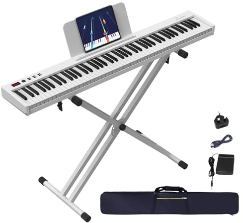 OYAYO Keyboard Piano Set mit Ständer 88 Tasten E-Piano Seim-Gewichtet, Kompakt und Tragbar Digital piano mit Tragetasche, Notenständer und Sustain-Pedal, Klavier Weiß für Erwachsene und Kinder