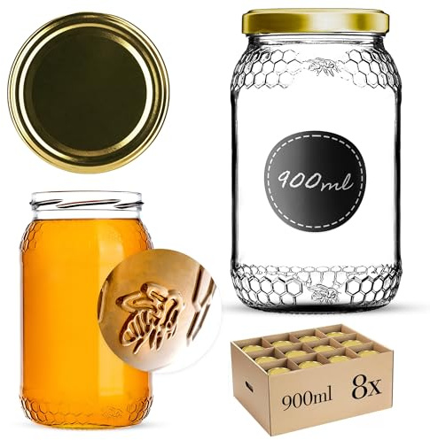 KADAX 8er Set Einmachgläser 900ml TO82 Gold, Große Sturzgläser mit Schraubdeckel, Einkochgläser Fermentierglas für Gurken, Gemüse, Sauerteig