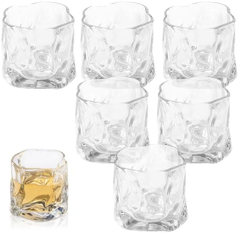 Whisky Glasses Set, 6 Pieces Irregular Crystal Whiskey Glasses, 200 ml Iced Coffee Glasses Drinking Glasses Cocktail Glasses Water Glasses for Juices, Sodas, Cocktails, Teas (Transparent)
