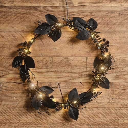 Lights4Fun Halloween Türkranz – Schwarz mit Gotischem Laub & 20 Warmweißen Micro-LEDs, Batteriebetrieben mit Timer – Gruselige Deko für Innenräume – 30 cm ø