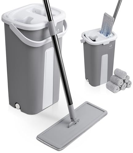 VOUNOT® Set Mocio Lavapavimenti e Secchio Strizzatore 2 Scomparti, Mop Piatto Rotante 360° con Manico in Acciaio Inox e 6 Panni Ricambio in Microfibra Pulizia Casa Legno Parquet Azzurro Marmo, Grigio