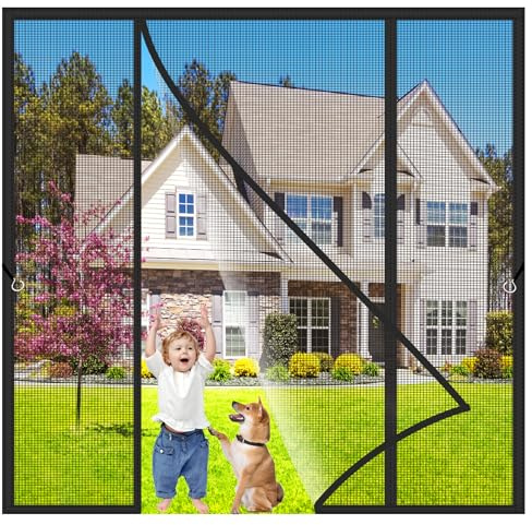 Doble Apertura Lateral Mosquitera Puertas Negro 150x200cm Fibra De Vidrio Cortina Ventana Exterior Magnética Pegado sin Taladrar Mantiene Insectos afuera para Abatible Puerta Niños y Mascotas