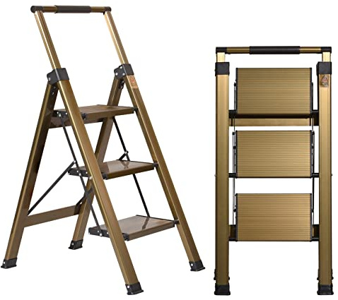 XinSunho 3 Step Ladder, Aluminum Folding Step Stool with Retractable Handrail and Anti-Slip Wide Pedal, 330lbs Safety Household Slim Ladder - Gold