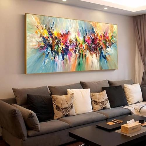 UUDEZO Abstrakte, farbenfrohe Leinwand-Wandkunst für Wohnzimmer, übergroße Landschafts-Wandkunst, Gemälde, Bild, Heimdekoration, 100 x 200 cm (39 x 79 Zoll) mit goldenem Rahmen