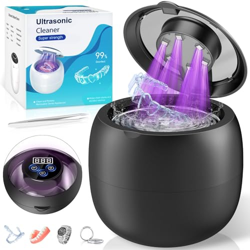 Nettoyeur Ultrasons sans Fil 48000Hz, 210ML Bac a Ultrasons Rechargeable, Dental Pod avec 6 UV Lampe et 4 Modes, pour Prothèses Dentaires, Gouttière Dentaires, Retainer, Bijoux