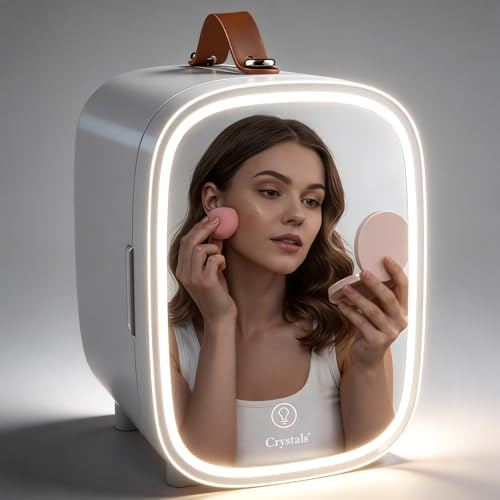 Crystals 4/10/15L Litre Mini Fridge, Table Top Small Fridge Cooler & Warmer for Car Bedrooms Desk Office, 12V DC - 220 AC, Mini Fridge for Bedrooms (LED Mirror [Design: 2] - WHITE, 4L Lights)