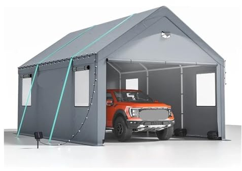 Tente Garage Auvent de Voiture Robuste 12x20 - Garage Tente Portable Extra Large avec fenêtres enroulables et bâche Toutes Saisons pour Voiture