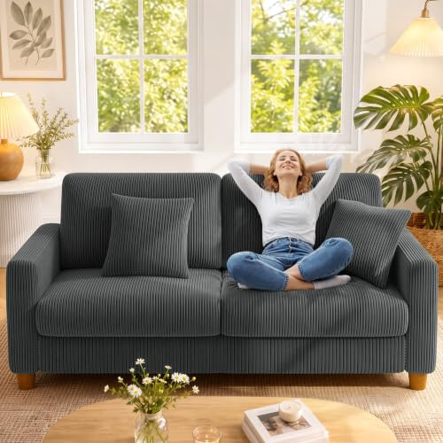 Kidirect Cord Sofa 3 Sitzer, 178CM Bequemes Couch 3 Sitzer, Sofa Wohnzimmer | Big Sofa Couch 53CM Extra Tiefe Sitze, Werkzeugfreie Montage, Modernes Couch fürs Büro, 2 Kissen, Schlafzimmer Sofas Grau