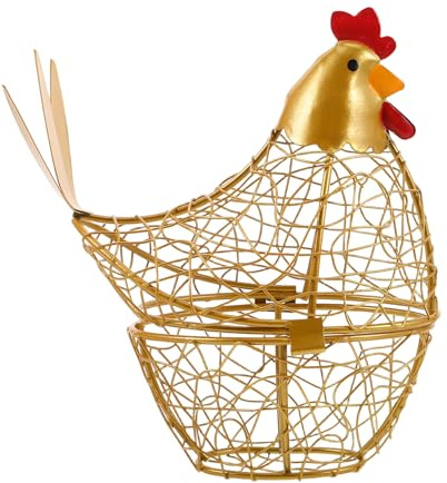 SHINEOFI Portauova da Cucina in Ferro Battuto Dorato 17X9X19 CM – Cestino Rete per Piano di Lavoro e Frigorifero Contenitore Porta Uova Fresche con Design Gallina per Organizzazione