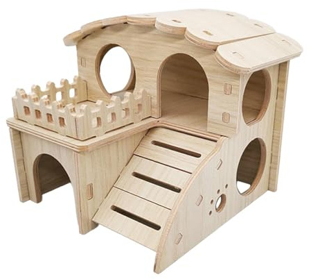 kesurpae Sicheres Hamsterhaus Set mit Spielzeug, das viel Platz zum Knabbern, Ausruhen und Verstecken bietet. Abnehmbares Versteck für Rennmauskäfige, Holzfarbe, 14 x 13 x 12.5 cm