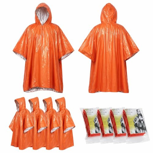 4Pcs Thermal Mylar Foil Coating Blanket, 125×100cm Hood Rain Poncho | Reversible Heat Retention Waterproof Windproof Orange, Emergency Survival Portable Outdoor Gear