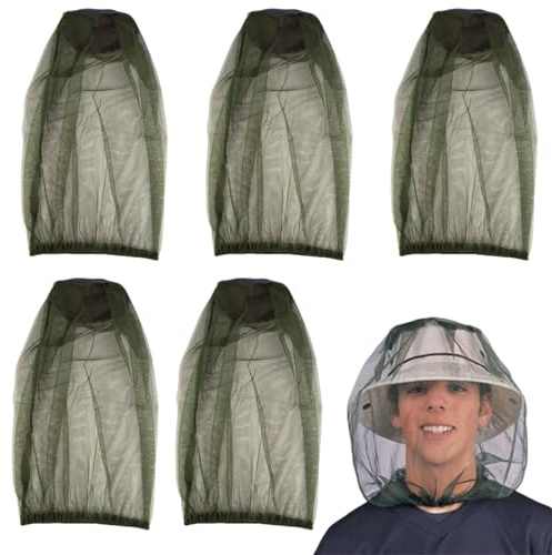 5 Stück Mückennetz Kopf, Mückenschutz Schottland, Moskitonetz Kopf, Mückenschutz Outdoor Kopfnetz, Hut Mit Moskitonetz, Imkerhut, Militärgrün Einheitsgröße 48x38 cm