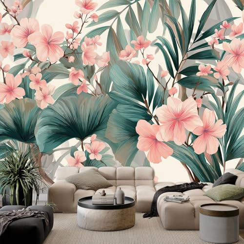 Fotomurales Plantas Tropicales Flores 350 x 256 cm Papel Pintado Tejido No Tejido, Póster Retro Fotomural Papel Tapiz Decorativos para Dormitorio Salón TV Pared Murales Póster