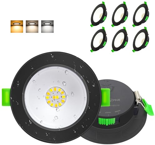 Aulaiyi LED Einbaustrahler 230V Flach, 75-85mm Lochmaß 6W LED Spots, 2700K/4000K/6000K Einbauleuchten Einbauspots, IP44 Spots Deckenleuchte für Bad, Deckenspots Schwarz 6er Set (Nicht Dimmbar)