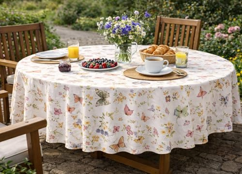 KAMACA Tischdecke Schmetterlinge auf der Blumenwiese – 150 cm rund – Florale Tischwäsche mit bunten Faltern & Frühlingsblumen – Waschbare Sommer-Deko für Esstisch & Garten