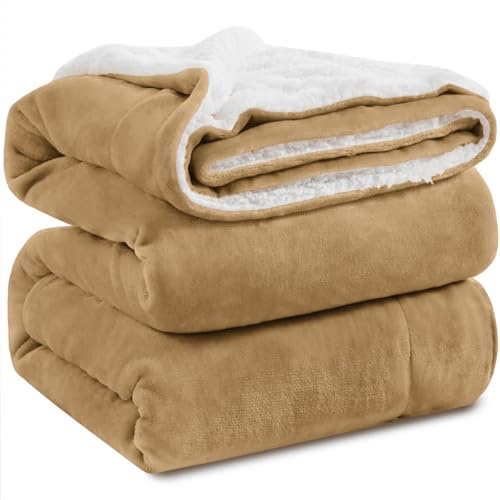 KAWAHOME Sherpa Fleece King Size Blanket for Bed - Extra Warm and Heavy Thick Blankets for Winter, Super Soft 500GSM Plush Blanket, 108 X 90 Camel