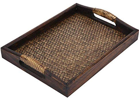 Bandeja de Mimbre con Asas, Bandeja de Servicio para Fiestas para Desayuno, Bebidas, Aperitivos - 30,5 x 23 x 6,5 cm