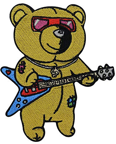 Finally Home Rock Teddy an der Gitarre Patch zum Aufbügeln - Musik Aufnäher | Motiv für Rock-Fans: Teddybär, Bär, Punk & Konzert. Als Bügelbild für Kutte & Jacke.