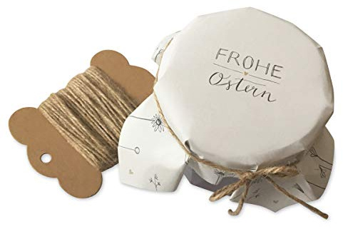 25 Marmeladendeckchen - Frohe Ostern - Gläserdeckchen weiß für Marmelade, Marmeladengläser & Einmachgläser, Recyclingpapier Abreißblock + 10 m Jute Garn + Justiergummi