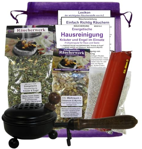 HAUSREINIGUNG räuchern 7-TLG XXL Räucher-Set Salbei, Weihrauch, KRÄUTER & Engel Räuchermischung. Negative Energie aus Haus, Wohnung, Praxis ausräuchern. RÄUCHERPFANNE, Anleitung 95810XXL-P8WOM