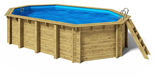 Paradies Pool® Holzpool Cariba Einzelbecken inkl. Pumpenhaus, Edelstahlleiter Tiefbecken, Folie blau mit 0,8mm Stärke, Oval-Pool, 6,57 x 4,07 x 1,38, Menge: 1 Stück