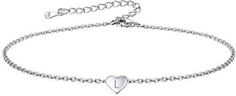 FOCALOOK 925 Sterling Silber Fußkettchen L Initialer Buchstabe Herzfußkette Knöchel Ketten mit kleinem Herz Anhänger Verstellbarer Fußband Fußkette für die Beste Freundin/Frauen/Mädchen