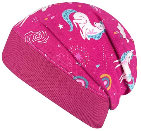 Wollhuhn ÖKO Leichte Mädchen/Jungen Beanie-Mütze Bündchen Elastisch Übergangszeit/Sommer Kinder-Mütze Baumwolle (Öko-Stoffe, Bio) (DE/NL/SE/PL, Numerisch, 52, 54, Einhörner Beere)