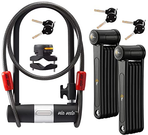 Via Velo Juego de candado 3 en 1 para bicicleta, candado plegable de acero resistente, candado en U de 11 pulgadas, cable de 6 pulgadas, para bicicletas eléctricas y scooters