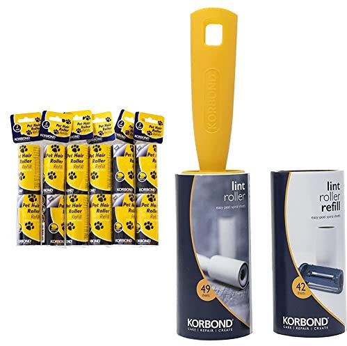 Korbond 12 Pack of 9.8m PET SAFE Lint Roller REFILLS– 396 Sticky Pre-Cut CITRUS SCENTED Sheets & Lint Roller & Refill Set – One Lint Roller and One Large Replacement Head – 91 Sheets in Total
