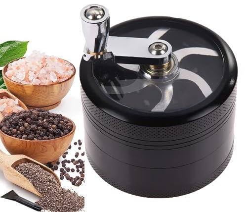 XUBX Grinder Manual, Molinillo de Hierbas, Metal Molinillo de Especias 4 Capas, Trituradora de Especia de Manivela, Molinillos de Especias, Grinder Metálico para Hierbas,Especias y Tabaco(Negro)
