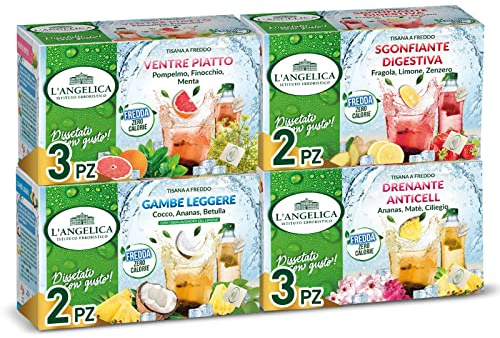 l'Angelica, Tisane a Freddo, Infusi Assortiti contro il Gonfiore, 10 | Tisane Funzionali, Per il Benessere, 3 Drenante Anticell, 2 Gambe Leggere, 2 Sgonfiante Digestiva, 3 Ventre Piatto