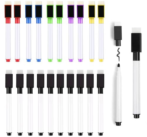 JETOP 20 Stück Folienstift mit Radierer Whiteboard Stifte mit Schwamm Folienstift Abwischbar Non Permanent Abwischbar für Büro, Schule, Zuhause,3 in 1 Whiteboard Stifte (11.3 X 1 Cm) (Farbe)