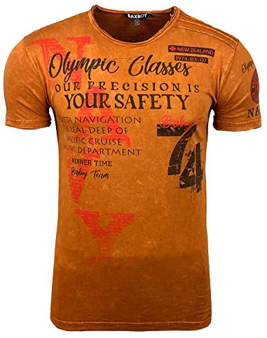 Baxboy Herren Kurzarm Rundhals Verwaschen Vintage Used Look T-Shirt Front & Back Print Regular Fit Washed Tshirt Design B-119, Farbe:Camel, Größe:XXL