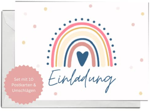 Briefzauber Einladungskarten Kindergeburtstag - Set mit 10 Karten mit Lückentext & Umschlägen | Geburtstagseinladungen Jungen/Mädchen (Typ: Geburtstagskarte Regenbogen, 10 Stück)