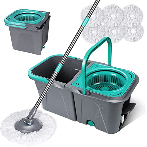 Masthome Spin Mop and Bucket Set, Microfibre Mop and Buckets Sets with 132cm Telescopic Handle & 6pcs Mop Pads, Space-Saving Folding Bucket with 2 Compartments, 360° Rotating Floor Mop