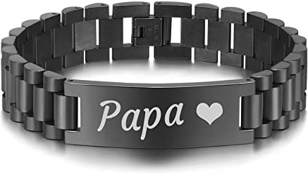 BCughia Personalisiertes Armband, Armbänder Männer Schwarz Edelstahl Erkennungsmarke mit Gravur Papa Armbänder 21.5x1.5cm