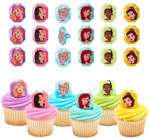 DecoPac Disney Princess Gemstone Rings, Cupcake Decorations Featuring Mulan, Cinderella, Tiana, Belle, Rapunzel and Ariel, Multicolored 3D Food Safe Cake Toppers – 24 Pack