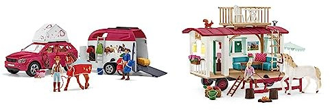 SCHLEICH 42535 Abenteuer mit Auto und Pferdeanhänger, 42593 Wohnwagen geheime Club-Treffen, für Kinder ab 5-12 Jahren, Horse Club - Spielset
