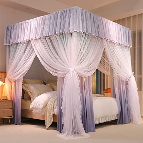 UNICOKA Romantischer Luxus-Betthimmel mit Buntem Sternenmuster, 4 Eckpfosten für Mädchen und Frauen, Betthimmel für Erwachsene, Hochzeit, Schlafzimmer, Kinderzimmer, Bettdekoration (Grau-Cyan-Stern-