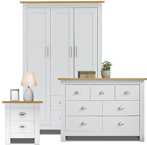 3 Piece Bedroom Furniture Set with 3 Door Wardrobe & 4+3 Drawer Chest of Drawer + 2 Drawer Bedside Table Cabinet Wardrobe and Chest of Drawers Set for Bedroom Storage furniture Set, White & Oak