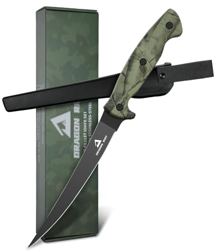 DRAGON RIOT 7 Inch Fillet Knife, Black Stainless Boning for Meat Poultry Cutting, Fishing Bait With Protective Sheath and Large Non-Slip Handles
