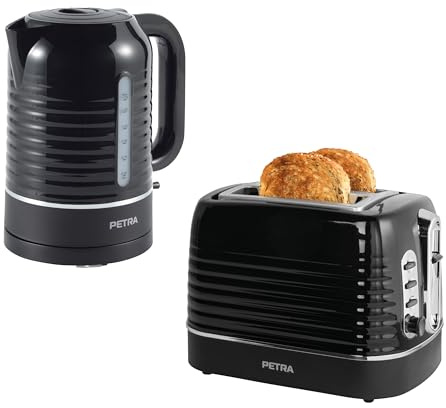 Petra Wasserkocher & Toaster-Set - mit 2 Toastfächern, 6 variable Einstellungen, Aufwärm-/Stoppfunktionen, 1050 W und schnelles Aufkochen, Wasserstandsanzeige, Anti-Kalk, Drehfuß, 3000W, 1,7l, Schwarz