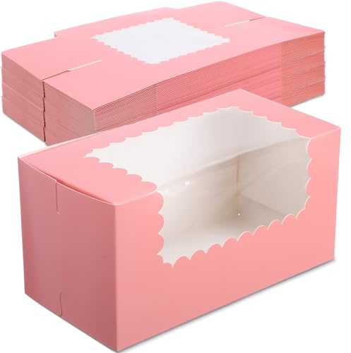 Ireer 60 pcs 8x4x4 Inch Bakery Boxes with Window Cookies Boxes Pumpkin Roll Container Donut Box Pastry Cake Packaging Safe for Cookies Loaf Muffins Breads Dessert Candies Treat(Pink)