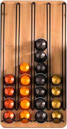 Avilia Portacapsule di Caffè e Tè per 40 Capsule - Portacapsule con 4 Scivoli, in Bambù e Acciaio, 18x18.3x35cm, Marrone e Nero