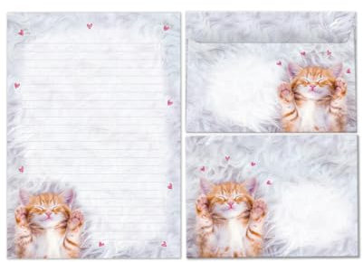 Briefpapier-Set Briefblock mit Umschlag für Mädchen Kinder Katze Tiere Kindermotiv Briefbögenblock liniert (Block A5 mit 25 Blätter + 15 Umschläge)