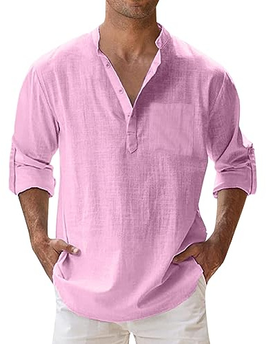 Chemise en lin pour homme - Printemps été - Col montant - Couleur unie - Manches longues - Pull léger - Chemise de plage - T-shirts pour coton - Loisirs - Chemise d'été, c-rouge, XXXXL