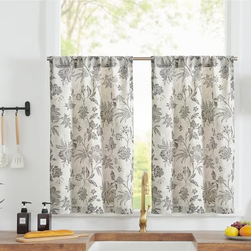 TOPICK Rideaux Cuisine Court Brise Bise Lin Botanique Gris et Beige 65L X 60H cm, Rideau et Draperie d'Intérieur à Passe Tringle Semi-Transparent Souple pour Fenêtre Placard Chambre Enfant Lot de 2